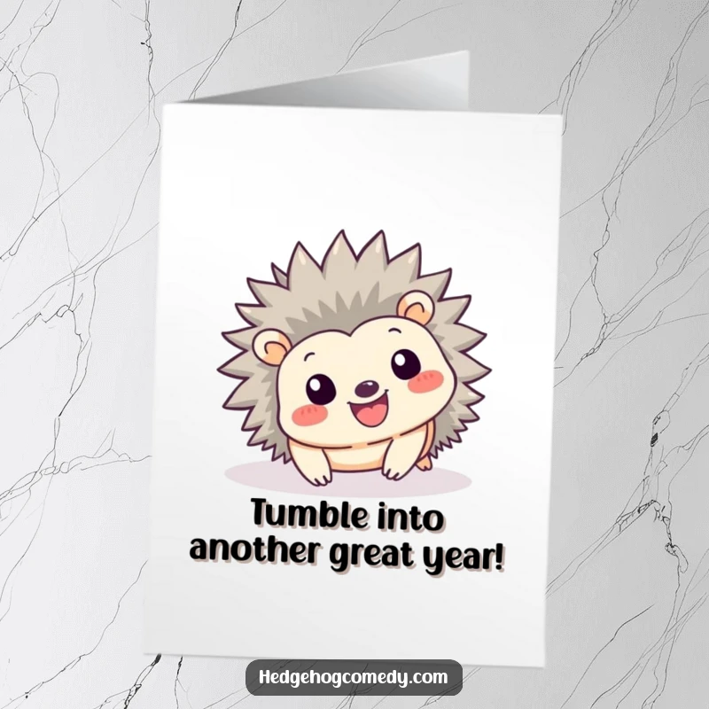 Funny Free Printable birthday card featuring a kawaii hedgehog with a big smile tumbling forward playfully, full of energy and excitement, a hilarious surprise.