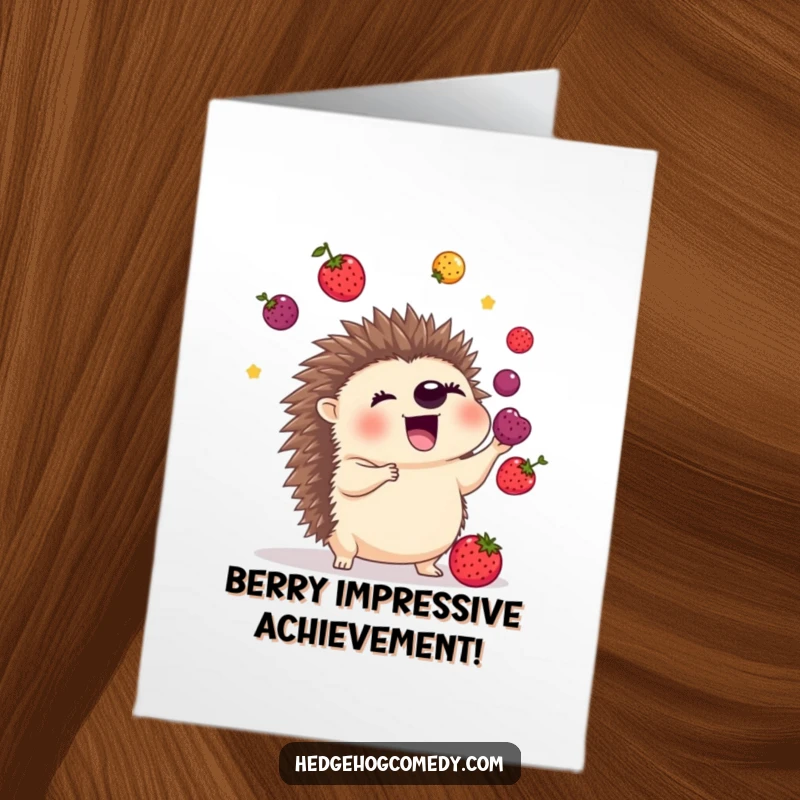 Funny Free Printable Congratulations Card: An excited hedgehog skillfully juggling bright berries with its quills, symbolizing amazing accomplishments.