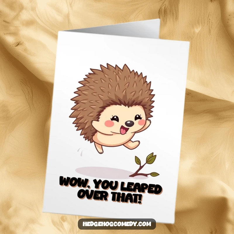 Funny Free Printable congratulations card showing a kawaii hedgehog leaping with excitement over a twig, embodying triumph and pure delight.