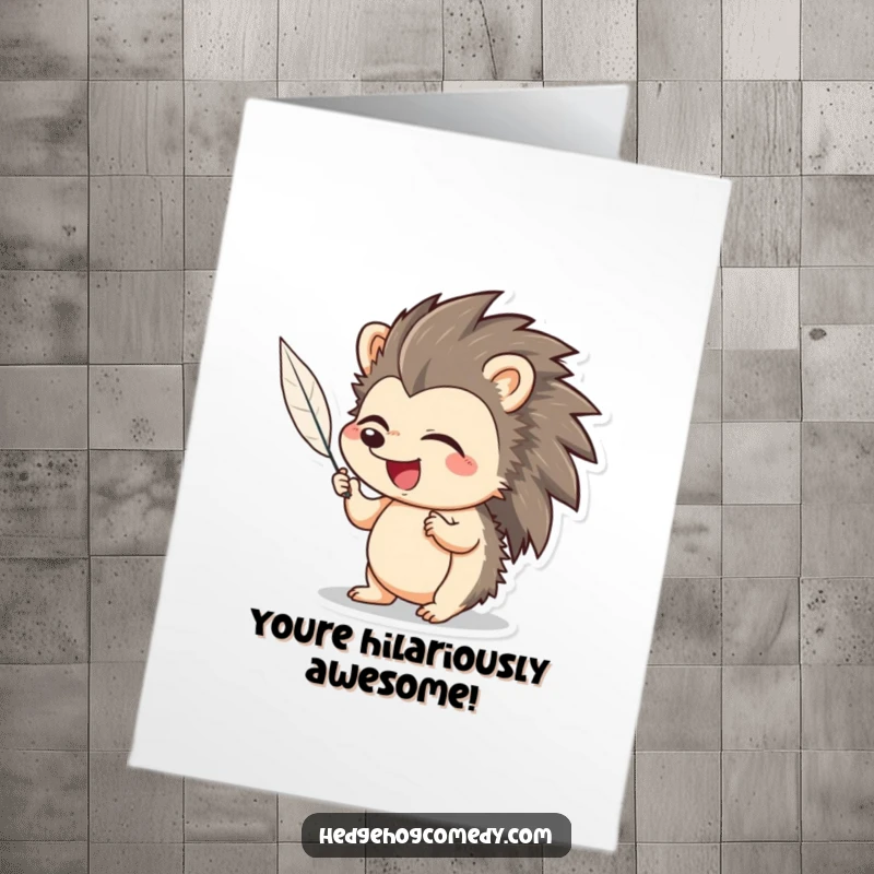 Funny Free Printable Congrats Card: A hedgehog bursts into giggles as a feather tickles its nose, celebrating your success with laughter.
