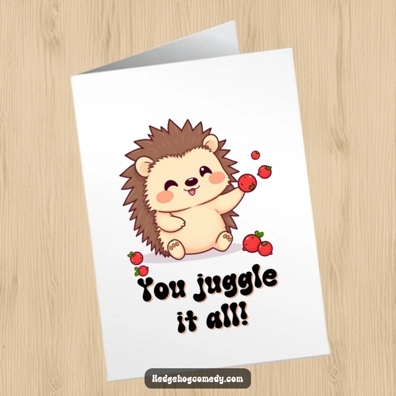 Funny Free Printable Congratulations Card: Kawaii hedgehog character skillfully juggling tiny berries, celebrating achievements with impressive dexterity and glee.
