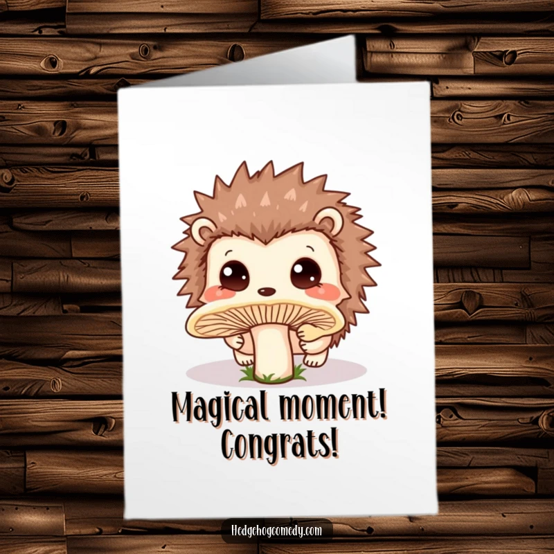 Funny Free Printable Congrats Card: Kawaii hedgehog curiously sniffing a mushroom, eyes wide with wonder.