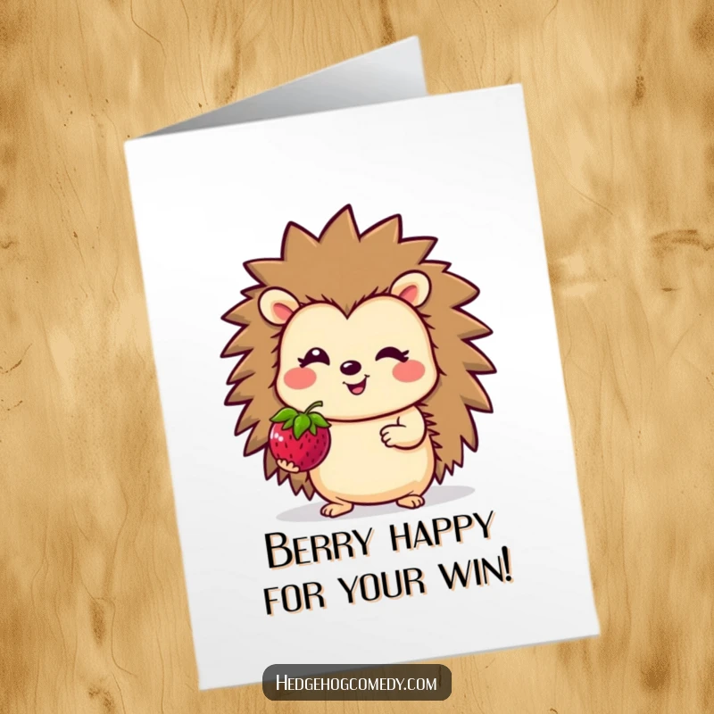 Funny free printable congratulations card: A smiling hedgehog proudly offers a bright berry to celebrate your achievement.