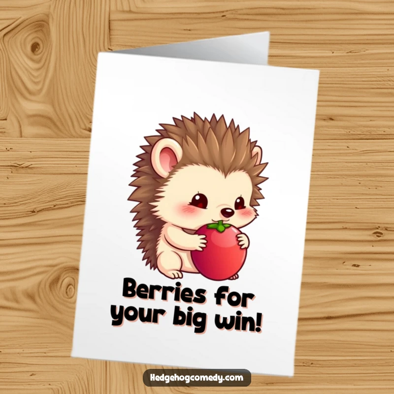 Funny Free Printable Congrats Card: Shy hedgehog gently holds a big berry under its chin.