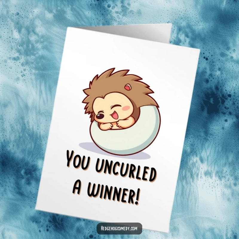 Funny Free Printable Congrats Card: Hedgehog character uncurling excitedly, symbolizing a new beginning and celebration.