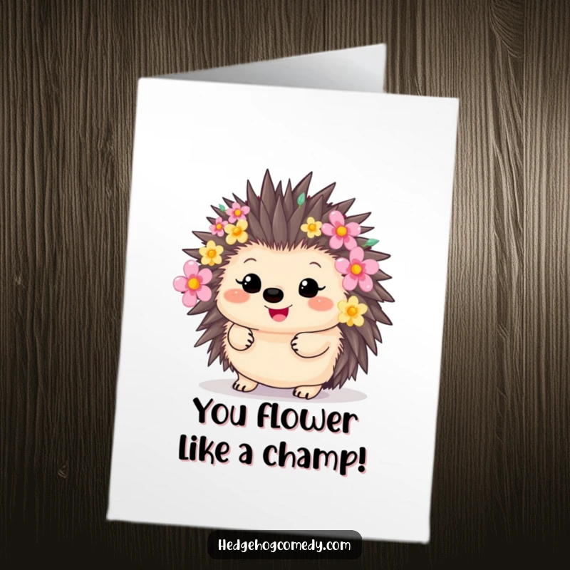 Funny Free Printable Congratulations Card: A happy kawaii hedgehog adorned with cheerful, colorful flowers on its quills.