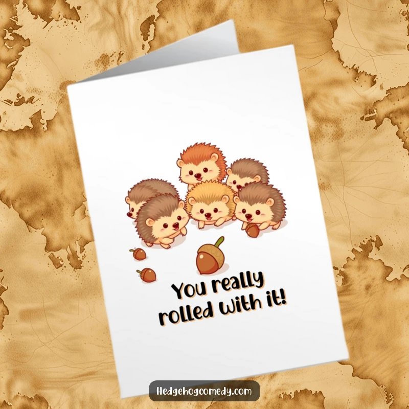 Funny Free Printable Congratulations Card: Energetic hedgehogs in a playful chase, celebrating success with acorns.