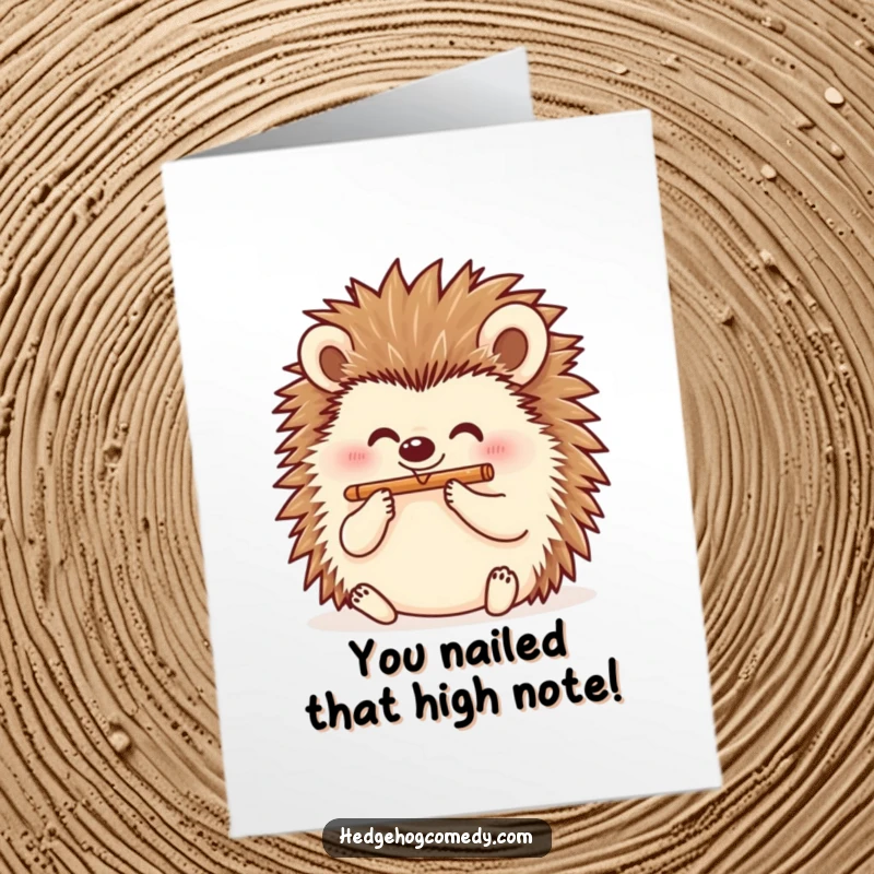 Funny Free Printable Congratulations Card showing a happy hedgehog playing a flute, celebrating a wonderful accomplishment.