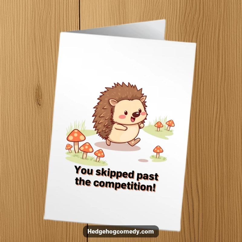 Funny Free Printable Congratulations Card depicting a cheerful hedgehog skipping along a mushroom-lined path, symbolizing a happy achievement.