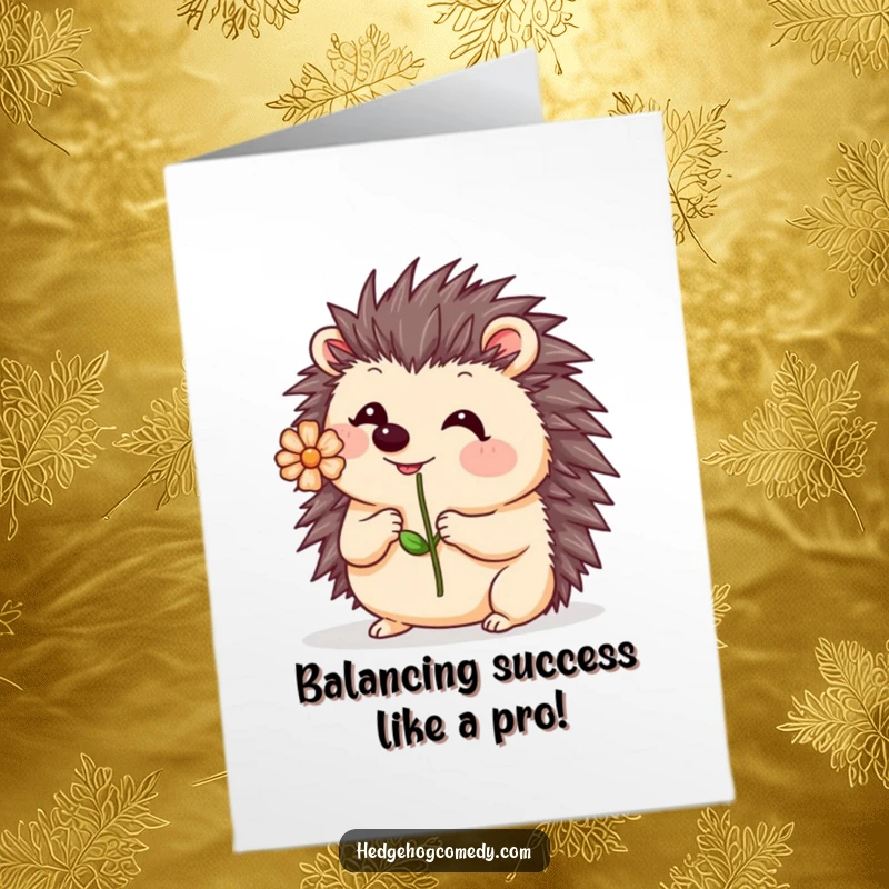 Funny Free Printable Congrats Card: Kawaii hedgehog playfully balancing a flower on its nose with a wobble.