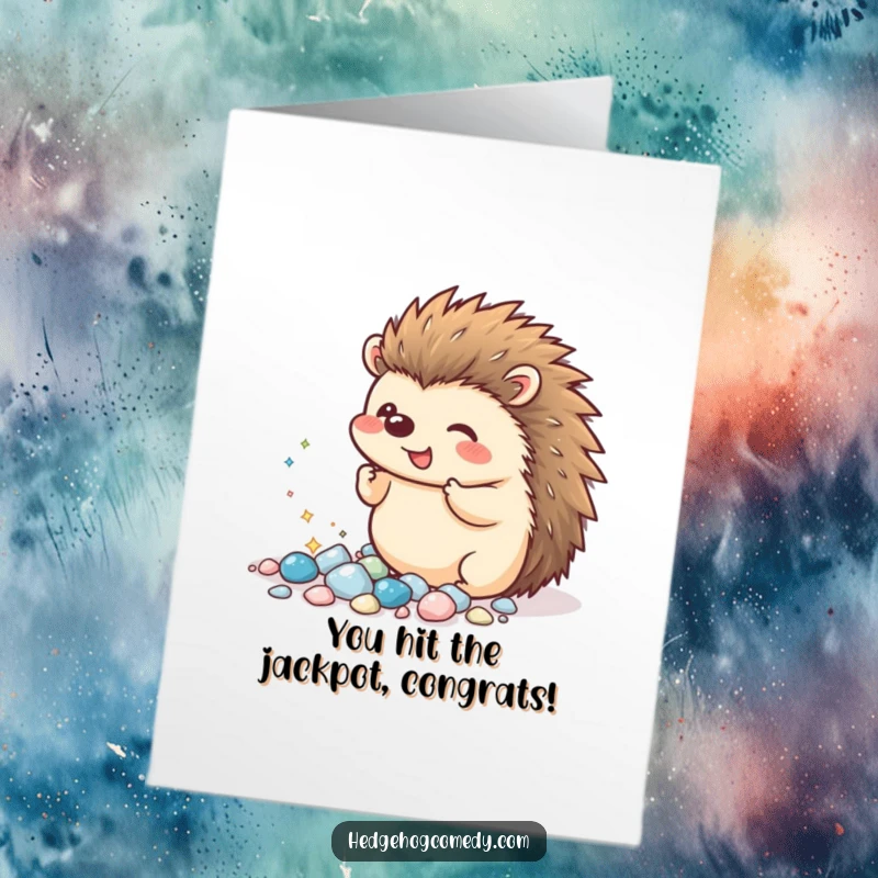 Funny Free Printable Congrats Card: Kawaii hedgehog excitedly showing off a collection of tiny, sparkling pebbles.