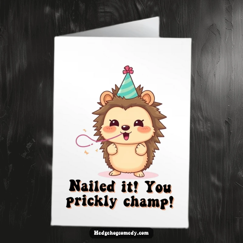 Funny Free Printable Congratulations Card: Excited hedgehog blowing a streamer, perfect for celebrating any win with humor.