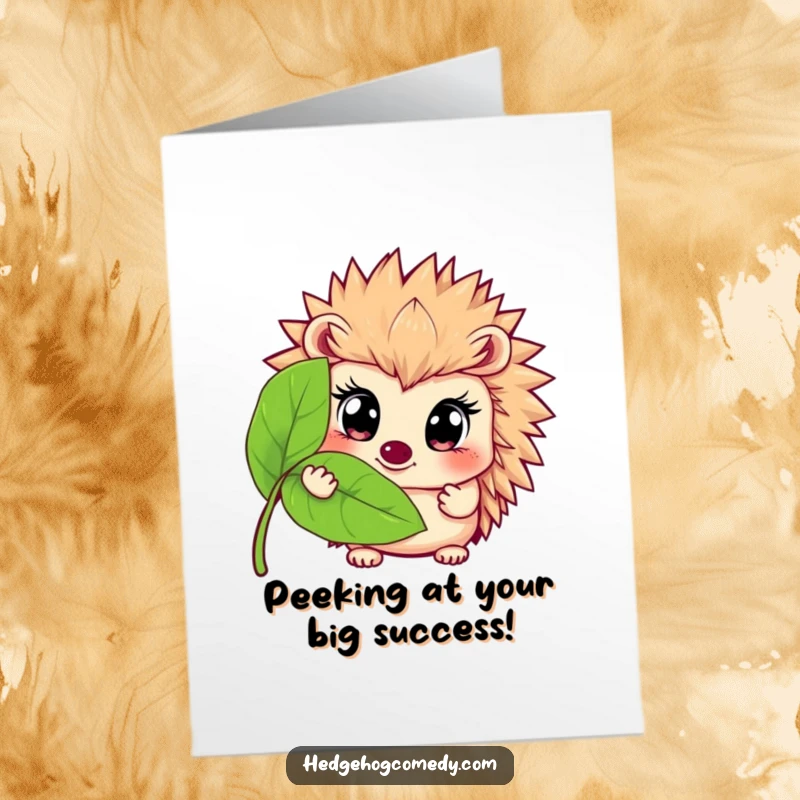 Funny Free Printable Congrats Card: Hedgehog with wide eyes peeking from behind a leaf, offering a sweet surprise.