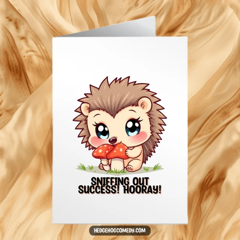 Funny Free Printable Congrats Card: Wide-eyed hedgehog curiously sniffs a detailed mushroom.