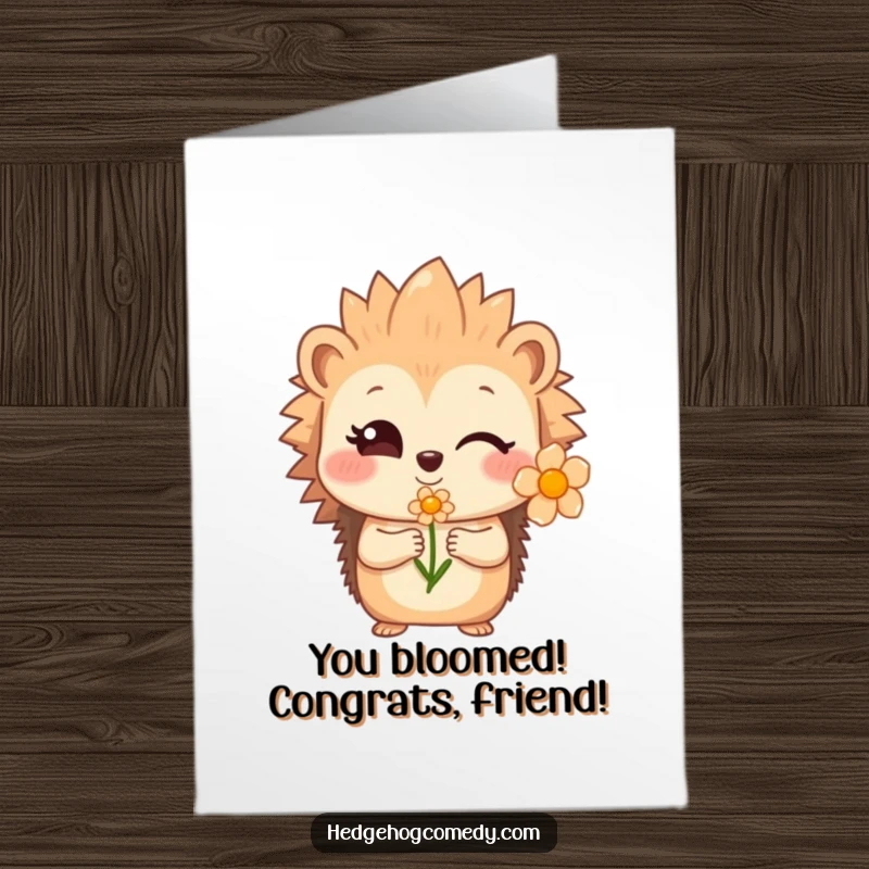 Funny Free Printable Congratulations Card: A winking hedgehog offers a flower with a shy smile, conveying heartfelt congratulations.