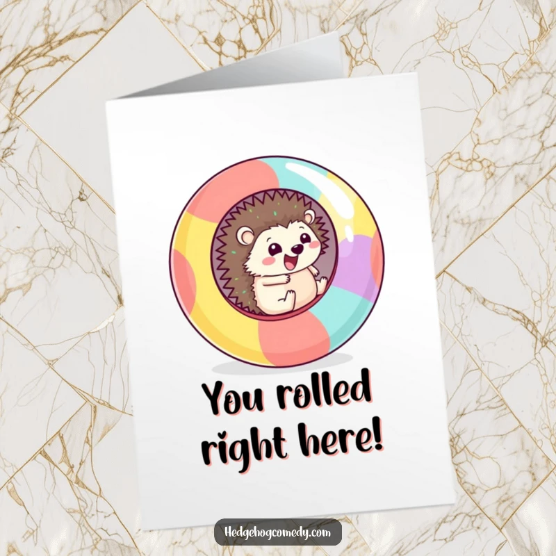 Funny Free Printable Congrats Card: Kawaii hedgehog speeding down a hill inside a large ball, celebrating victory.