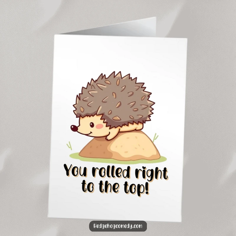 Funny Free Printable Congratulations Card: A cute kawaii hedgehog joyfully rolling down a hill, celebrating success.