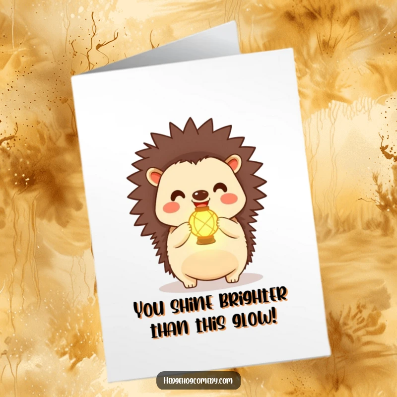 Funny Free Printable Congrats Card: Kawaii hedgehog happily holding a glowing lantern, radiating joy.