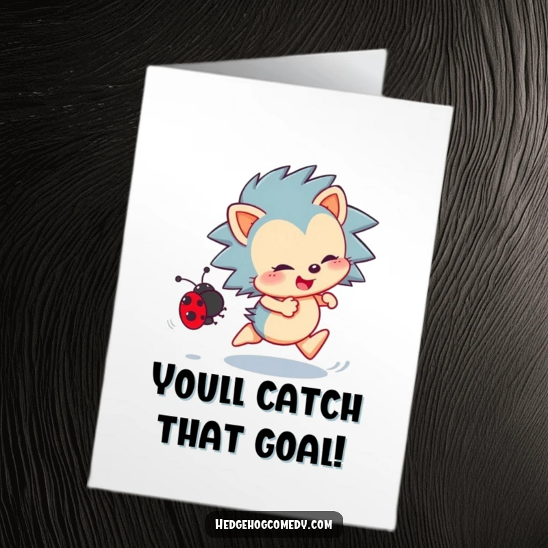 Funny Free Printable Congrats Card: An enthusiastic hedgehog sprints after a ladybug, symbolizing the joyful pursuit of your success.