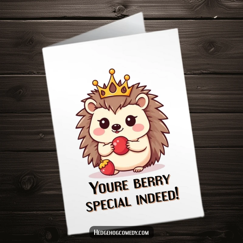 Funny Free Printable Congratulations Card: A kawaii hedgehog wearing a crown celebrates your success with a berry.
