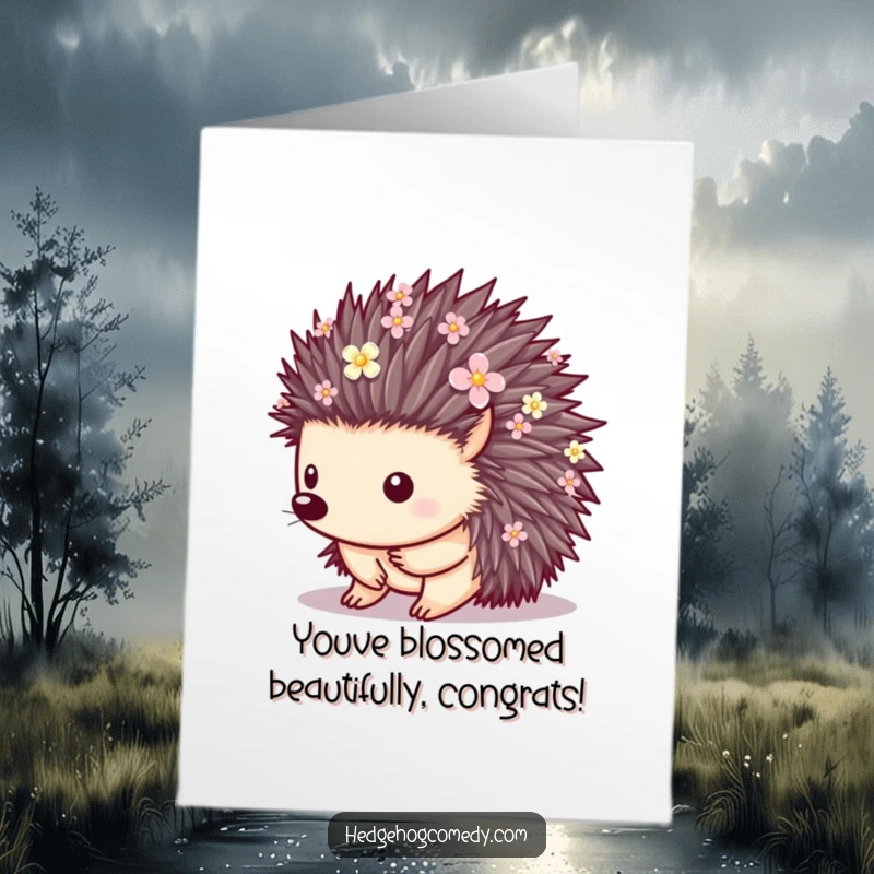 Funny Free Printable Congratulations Card showcasing a hedgehog whose quills are adorned with small flowers, perfect for a delightful DIY celebration.
