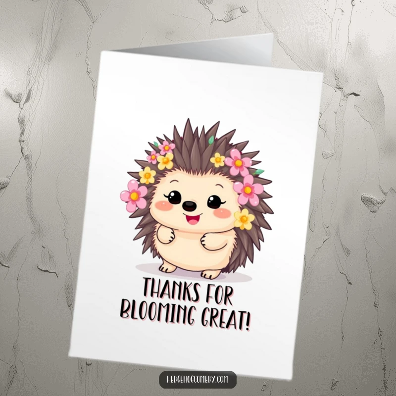 Funny Free Printable Thank You Card: A happy kawaii hedgehog with quills blossoming with colorful flowers, saying thanks.