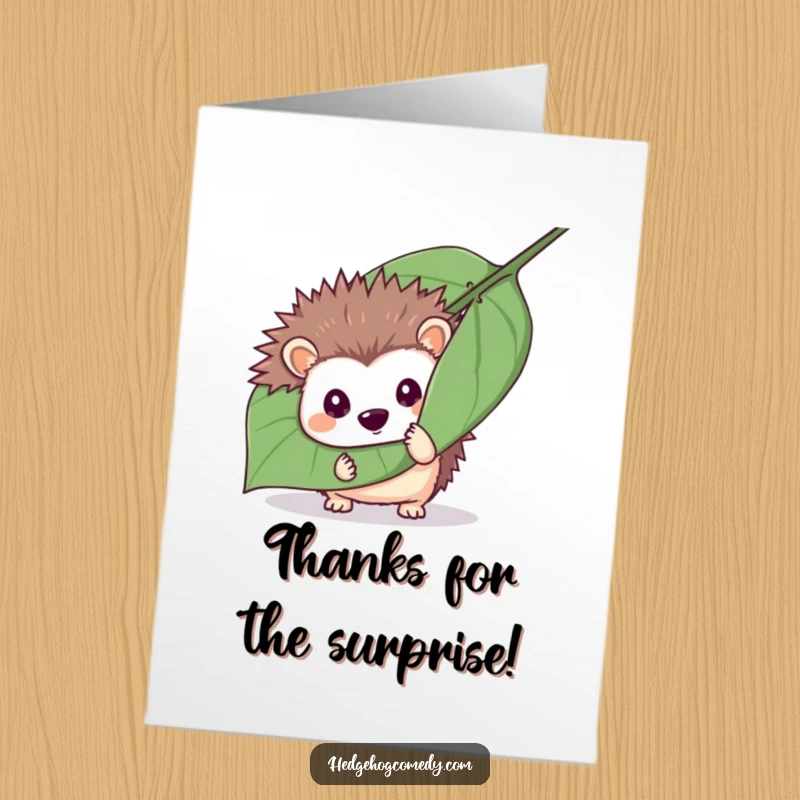 Cute Free Printable Thank You Card featuring a mischievous hedgehog hiding behind a leaf, playfully peeking out to say thanks.