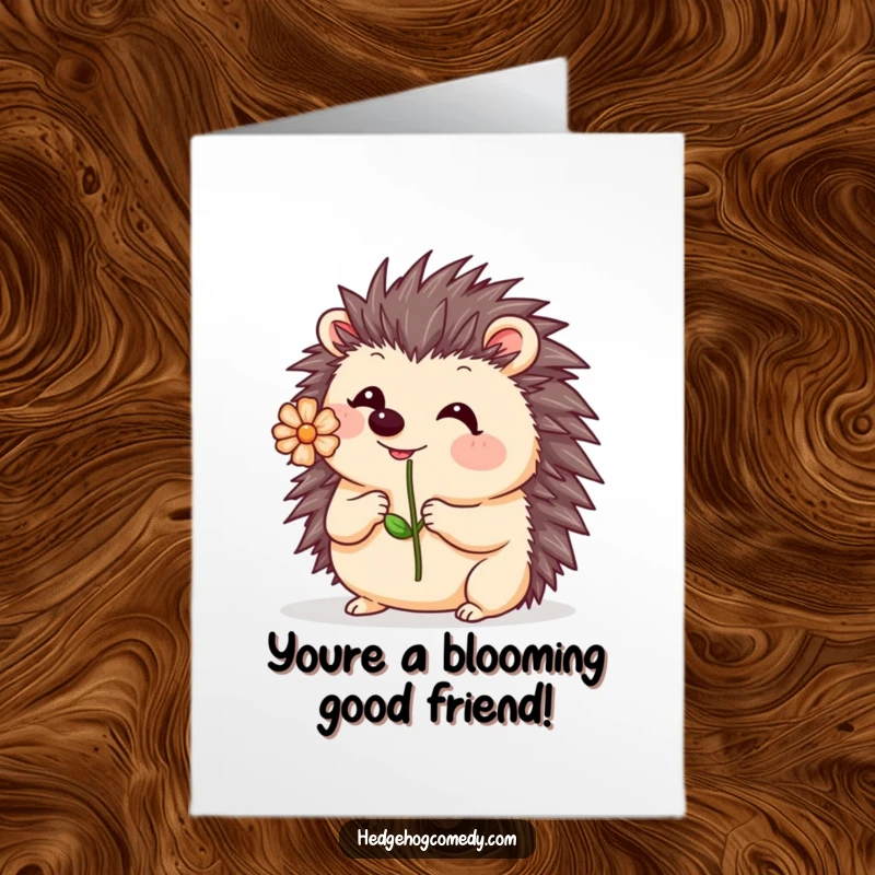 Funny Free Printable Thank You Card: Kawaii hedgehog playfully wobbling a small flower on its nose, offering thanks.