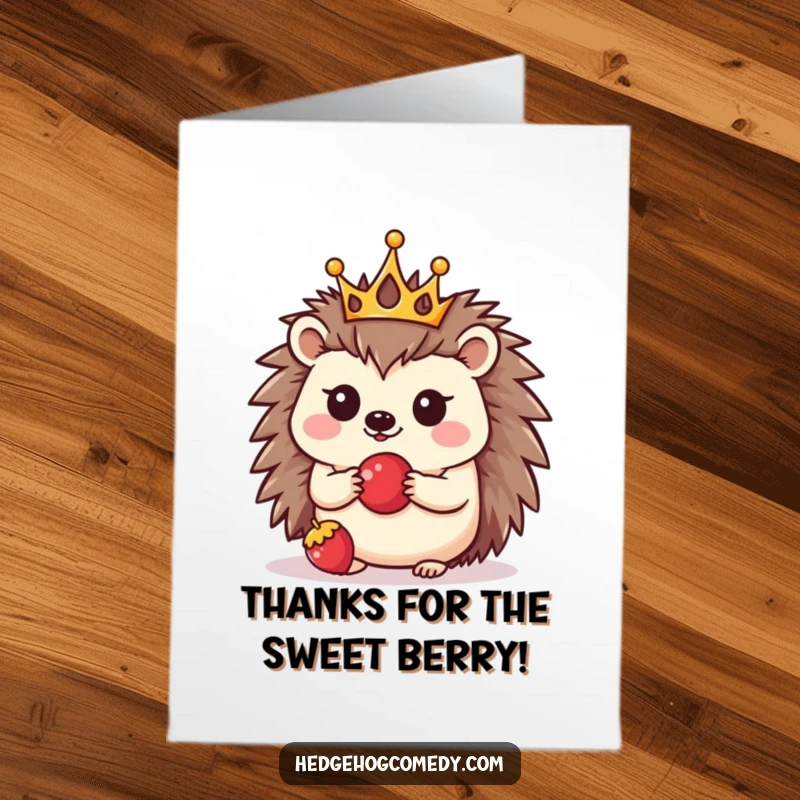 Funny Free Printable Thank You Card: A kawaii hedgehog wearing a tiny crown balances a berry, expressing thanks.