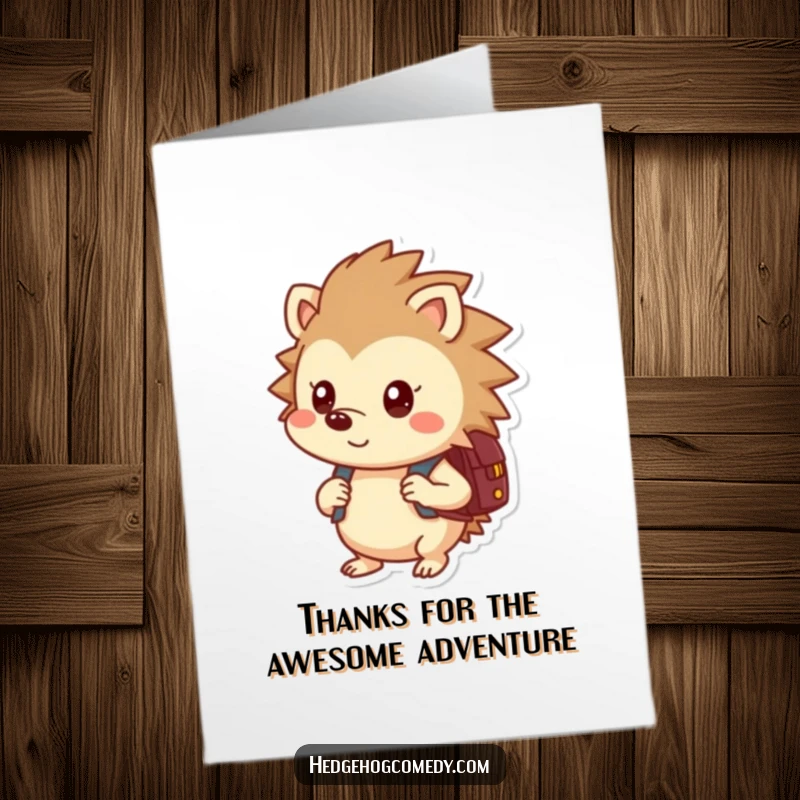 Funny Free Printable Thank You Card: A curious hedgehog with a backpack looks onward, conveying thanks with a touch of humor.