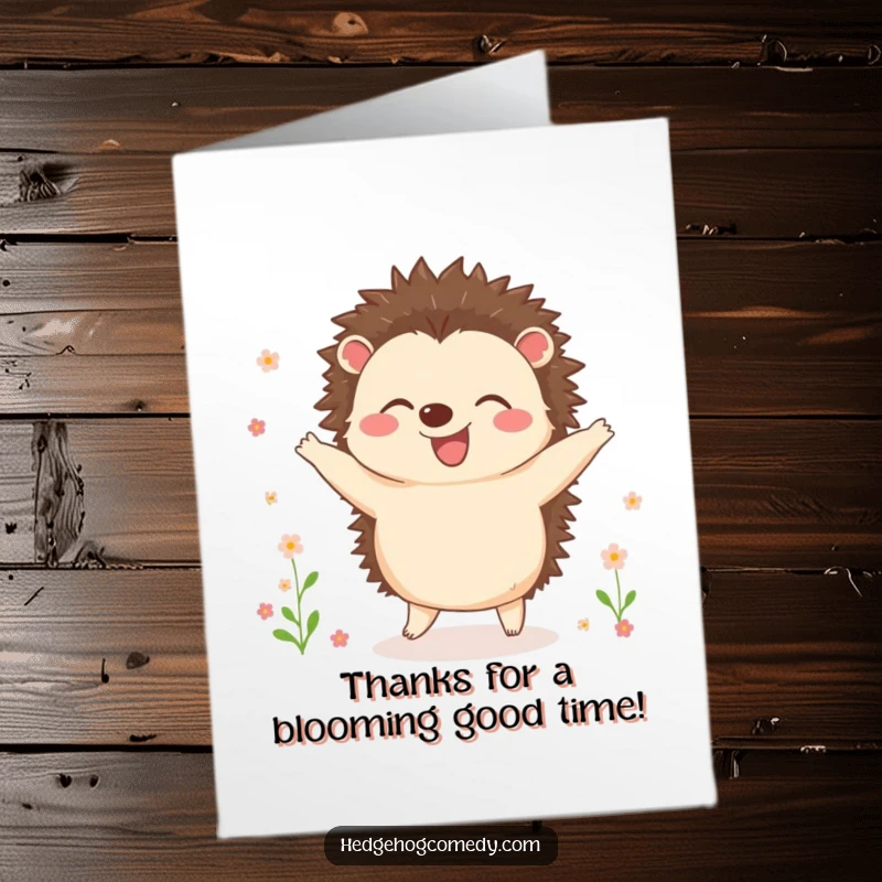 Funny Free Printable Thank You Card: A joyful hedgehog dances sweetly with tiny flowers blooming around, expressing gratitude with happiness.