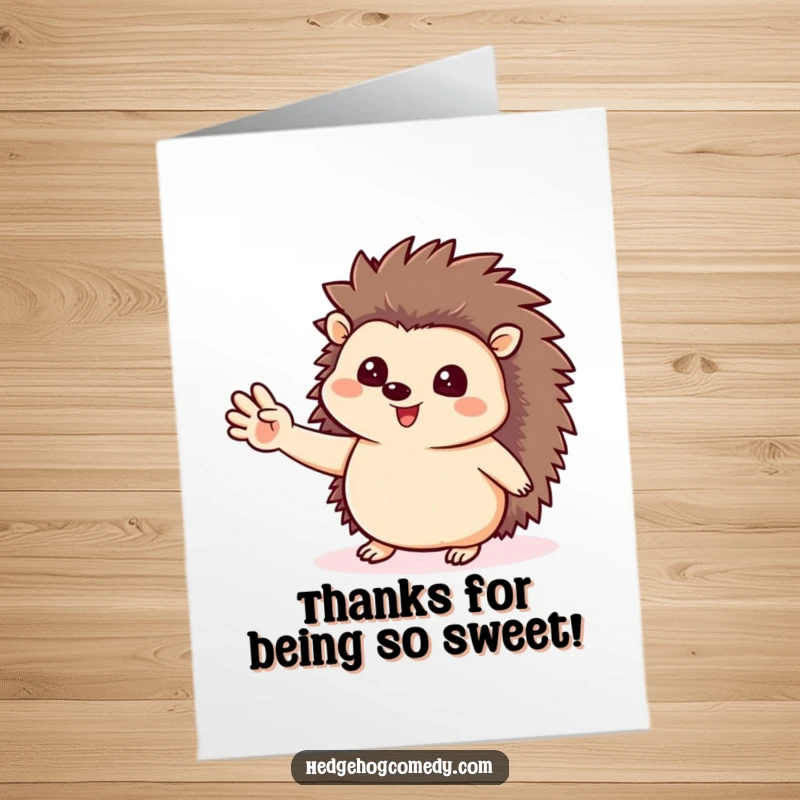 Funny Free Printable Thank You Card with a cute hedgehog waving hello, conveying warm sentiments with a humorous twist, ideal for DIY gifting.