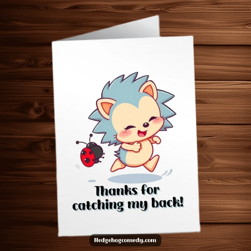 Funny Free Printable Thank You Card: An enthusiastic hedgehog playfully chases a ladybug, a delightful way to express your thanks.