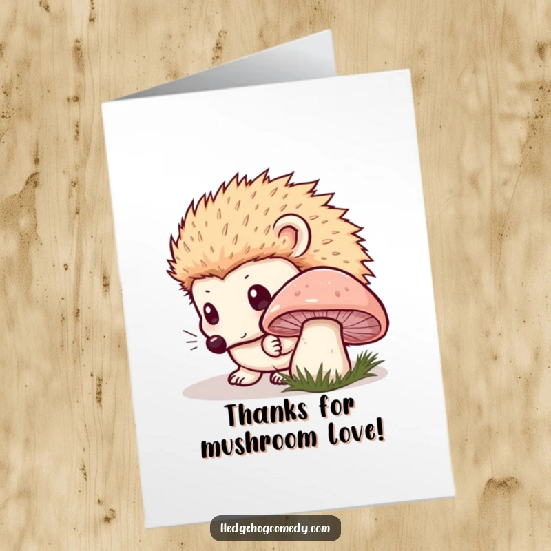Funny Free Printable Thank You Card: Kawaii hedgehog curiously sniffing mushroom, innocent eyes, perfect gift.