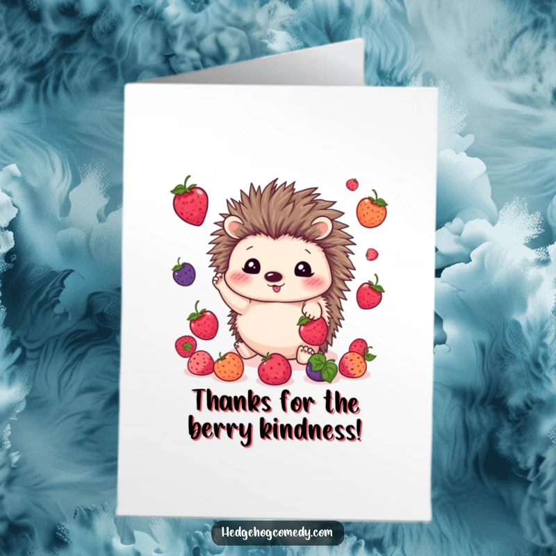 Funny Free Printable Thank You Card: Kawaii hedgehog juggles berries with a happy expression, conveying thanks.