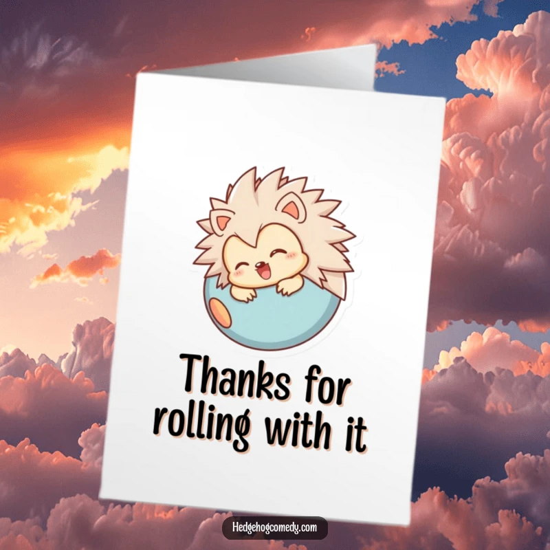 Funny Free Printable Thank You Card shows a hedgehog joyfully rolling into a ball, sending thanks.