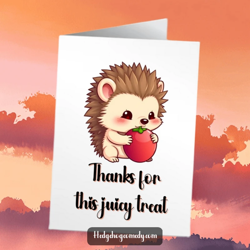 Funny Free Printable Thank You Card: Timid hedgehog bashfully holds a large berry under its chin.
