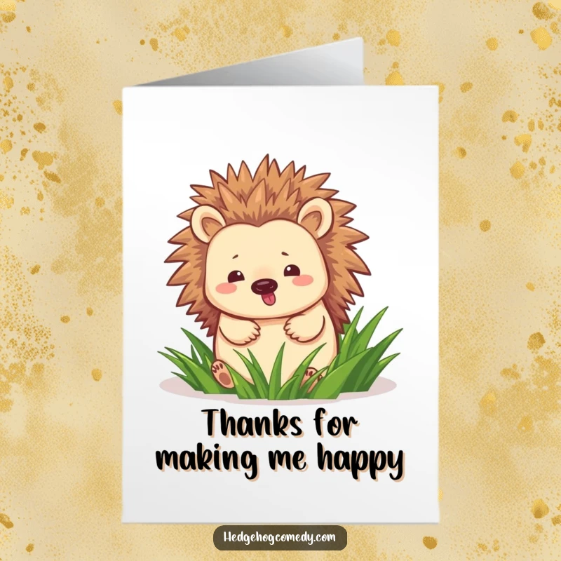 Funny Free Printable Thank You Card of a happy hedgehog waddling through grass, conveying gratitude with a cheerful, lighthearted feel.
