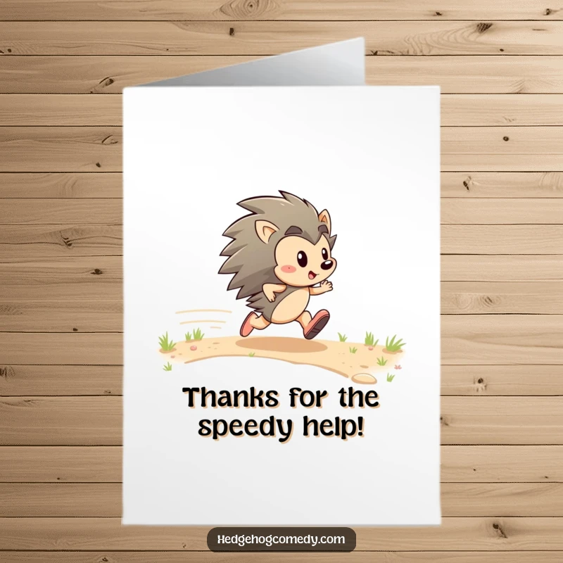 Funny Free Printable Thank You Card featuring an energetic hedgehog zipping happily, conveying thanks.