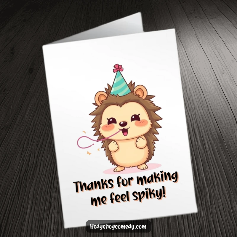 Funny Free Printable Thank You Card: Excited hedgehog with a party hat blows a streamer, expressing cheerful gratitude.