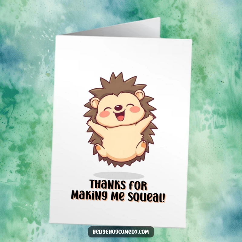 Funny Free Printable Thank You Card: Hedgehog doing a happy somersault with an expression of pure delight.