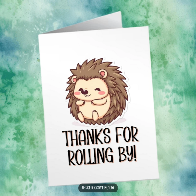 Funny Free Printable Thank You Card: Kawaii hedgehog character curled into a ball, conveying heartfelt thanks with a dash of silliness.
