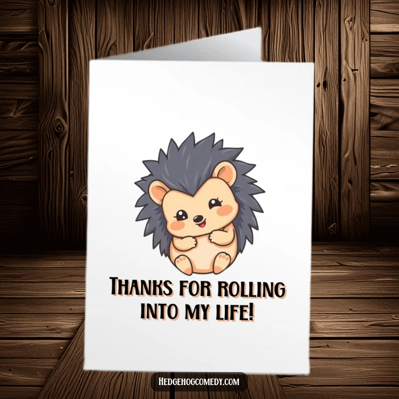 Funny Free Printable Thank You Card showing a hedgehog curled into a completely happy, round ball, embodying peaceful thanks.