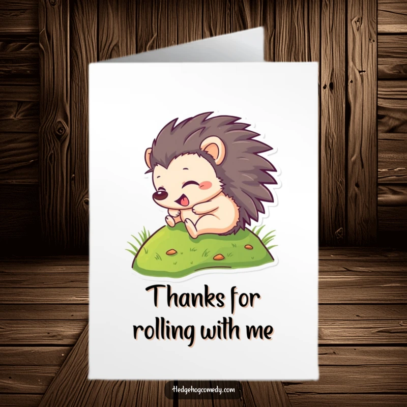 Funny Free Printable Thank You Card: A happy hedgehog hilariously rolling down a hill, sending warm thanks with every tumble.
