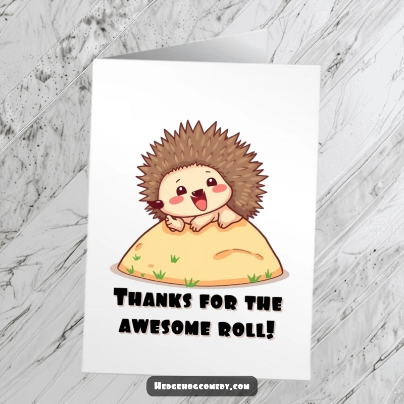Funny Free Printable Thank You Card: Enthusiastic hedgehog rolling down a hill, expressing gratitude with a comical, joyous tumble.