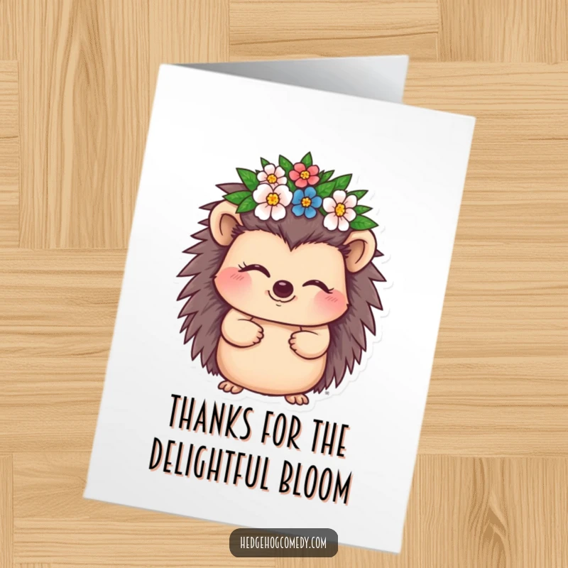 Funny Free Printable Thank You Card: A hedgehog winks charmingly, wearing a small crown of fresh flowers, saying thank you.