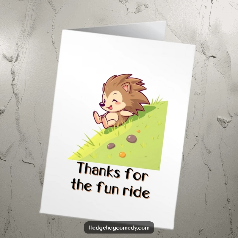 Funny Free Printable Thank You Card: A hedgehog gleefully speeds down a grass slope, conveying thanks with exhilarating humor.