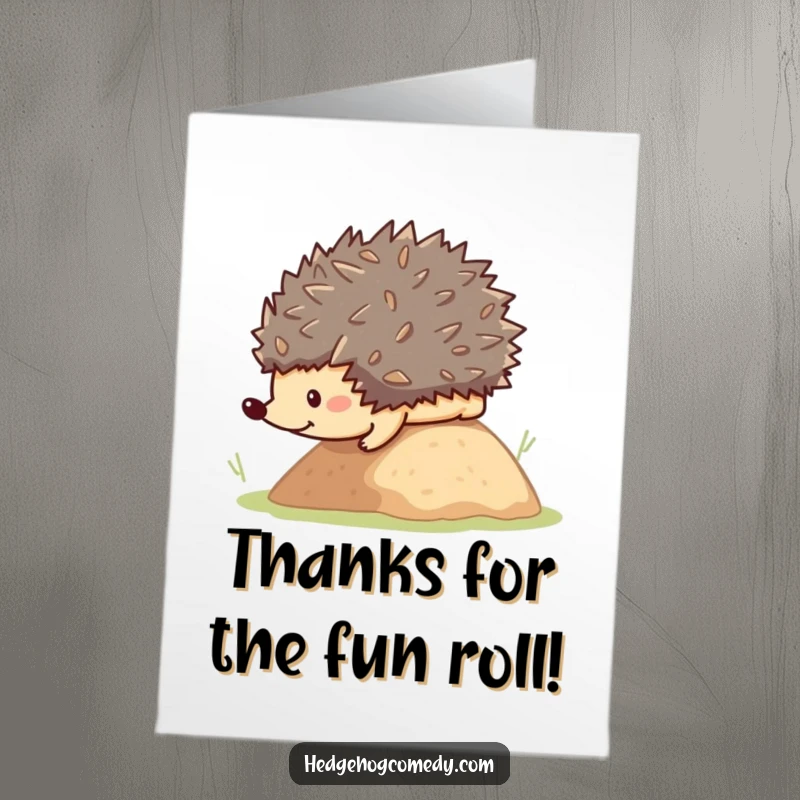 Funny Free Printable Thank You Card: A cute kawaii hedgehog in motion, rolling down a hill, conveying thanks.