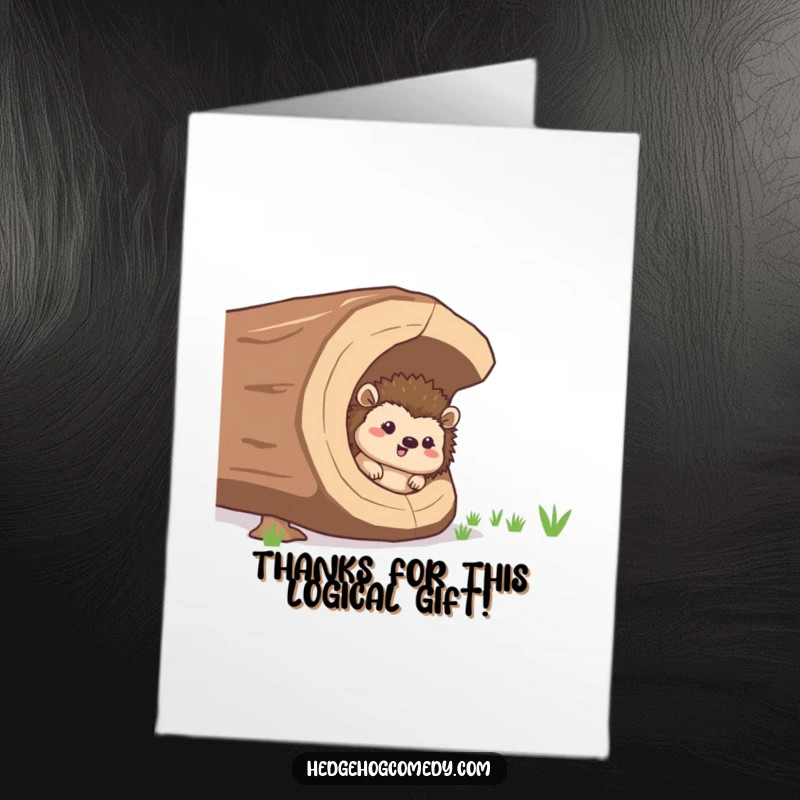 Funny Free Printable Thank You Card: A giggling hedgehog peeks from a hollow log, offering a cute and humorous thank you.