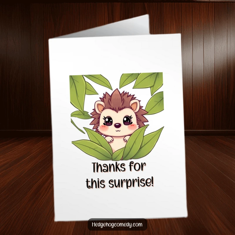 Funny Free Printable Thank You Card featuring a startled hedgehog peeking from leaves, expressing thanks with a humorous twist.